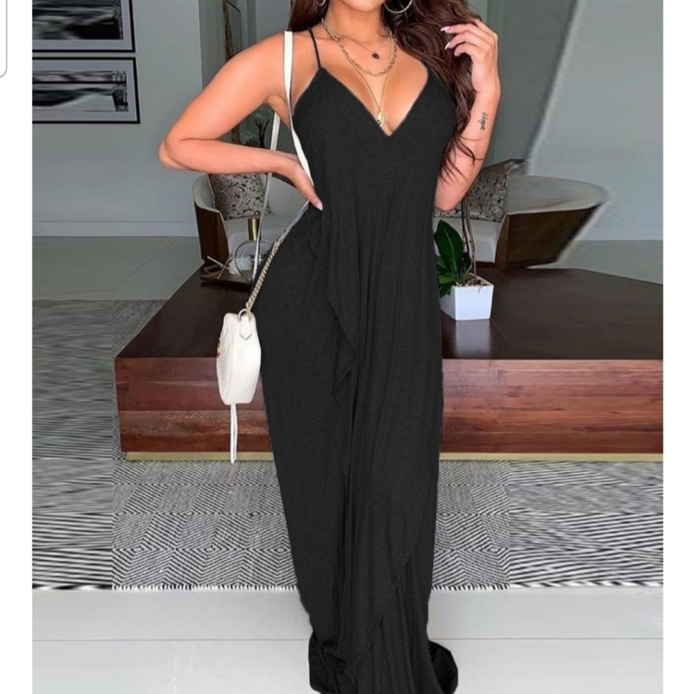 Floor length boho dress layered with V back